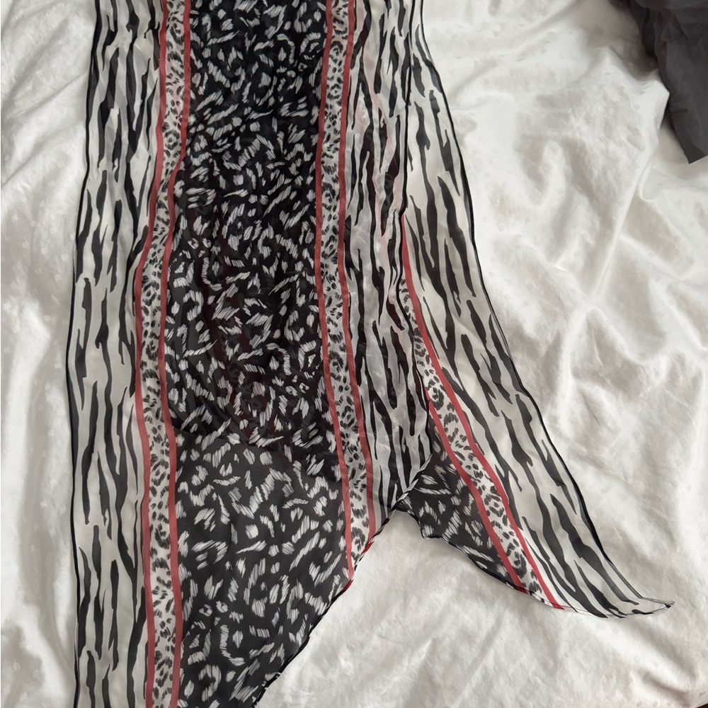Cabi Fable Sheer Animal Print Scarf with Red Coral Stripes
